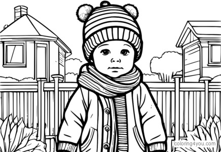 Bébé en vêtements d'hiver, pages à colorier, couches