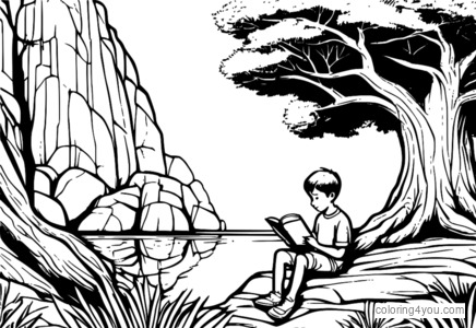 Boy reading a book under a rock next to a tree