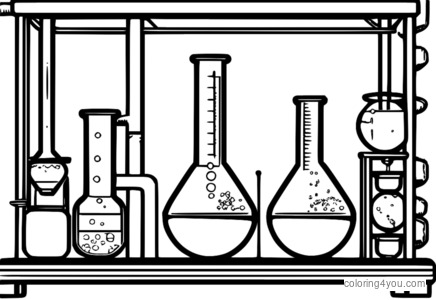 Pahina ng pangkulay ng eksperimento sa reaksyon ng Chemistry na may mga test tube at beakers.