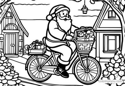 Babbo Natale in bicicletta con un grande cesto pieno di regali