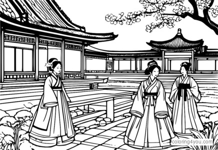 Páginas para colorir Hanbok e Jardim de Sunhwa para adultos