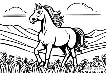 Un cheval de dessin animé heureux jouant dans un pré vert par une journée ensoleillée