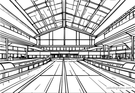 coloriage d'un aéroport moderne avec une grande façade vitrée