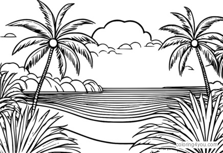 Dibujo para colorear Playa Paraíso con Palmeras