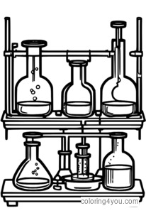 Pahina ng pangkulay ng eksperimento sa reaksyon ng Chemistry na may mga test tube at beakers.