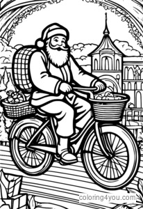 Santa Claus riding a bicycle with a large basket filled with presents