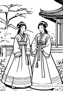 Páginas para colorir Hanbok e Jardim de Sunhwa para adultos