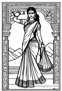 Coloring page of a woman in an Indian sari, getting ready to dance.