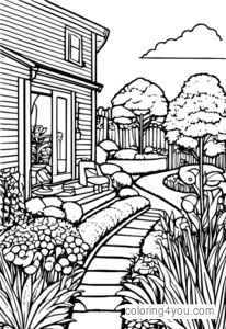 pages à colorier d'enfants jardinant le jour de l'été