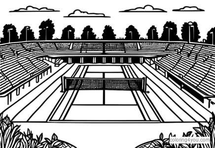 Dibujo para colorear de pista de tenis de tierra batida con jugadores y espectadores.