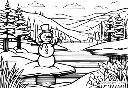 Snowman with a carrot nose and coal eyes, standing in front of a snowy lake.