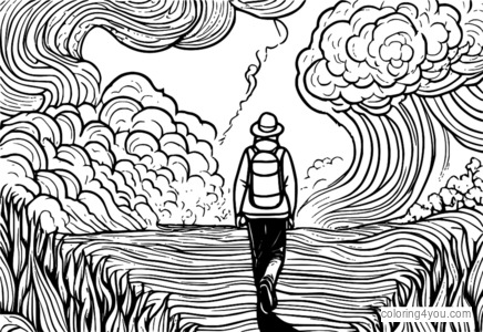 Person getting impacted by a natural disaster storm with fire and smoke explosions around. Fun coloring page for kids.