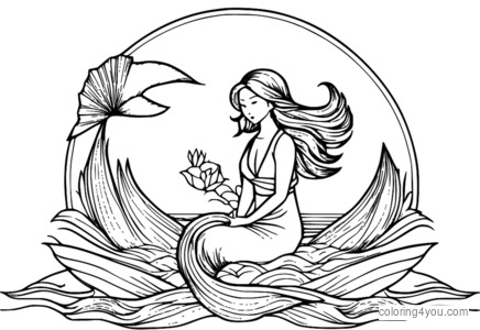 A beautiful Japanese origami mermaid coloring page