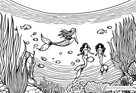 A group of mermaids swimming together in the ocean, surrounded by schools of fish and coral reefs.