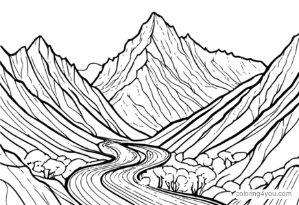 Et håndtegnet kart over en fjellkjede med en svingete sti som fører til toppen.