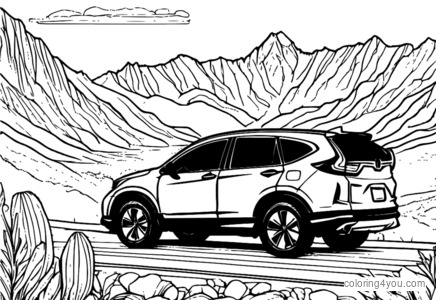 ilustração colorida de um Honda CR-V dirigindo por uma estrada montanhosa com montanhas escarpadas e um céu azul brilhante