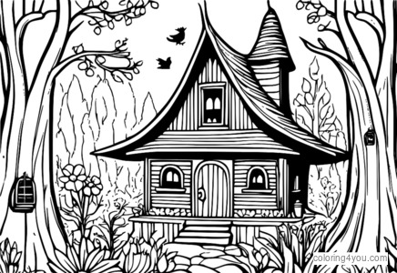 Whimsical illustration of Baba Yaga's hut on chicken legs with a witch and flowers