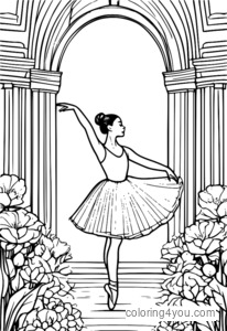 A ballet dancer in a tutu standing on stage holding a bouquet of flowers