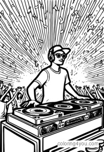 DJ spinning tracks for a coloring page