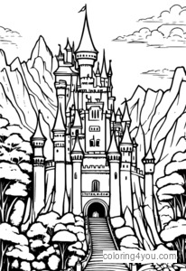 Dibujo para colorear de un gran castillo con un dragón.