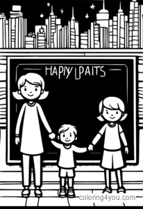 A family standing together, holding hands, and looking at a big chalkboard