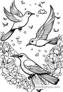 Beautiful illustration of birds flying together surrounded by love hearts.