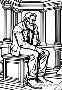 Coloring page of Rodin's The Thinker amidst steampunk background