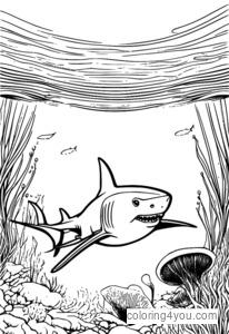 Coloring page of a gray shark and jellyfish in the ocean