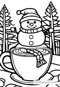 Dibujo de Muñeco de nieve con chocolate caliente para colorear