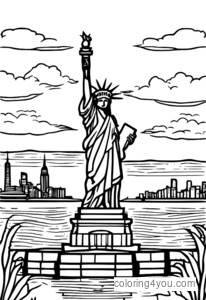 Coloring page of the Statue of Liberty at sunset in New York City