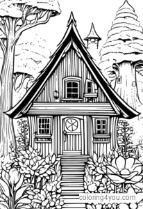 Whimsical illustration of Baba Yaga's hut on chicken legs with a witch and flowers