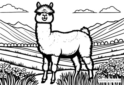 Alpacas paradas en un campo rodeado de flores silvestres