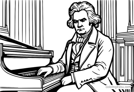 Beethoven sentado frente a un piano de cola tocando música