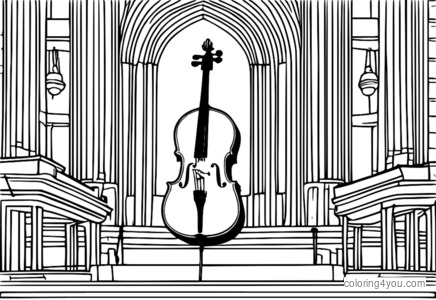 Coloring page of a cello being played on a dark stage