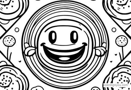 Coloring page of a smiling cookie in a circle shape with frosting and sprinkles