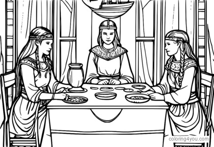 Trois filles d'époques différentes, Viking, de l'ère Viking et moderne, assises autour d'une table avec les Norns, découvrant le destin et la vie.