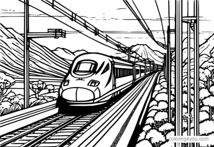 Illustration of a bullet train in Japan at sunset