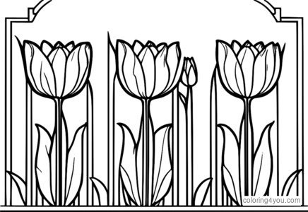 Coloring page of a tulip flower in a small basket set against a bright green background.