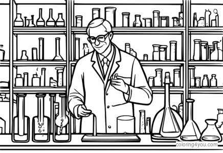 página para colorir de um cientista em um jaleco conduzindo um experimento científico