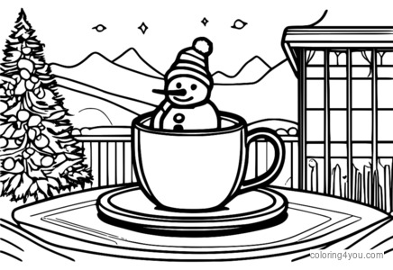 Un bonhomme de neige portant une écharpe rouge vif et un chapeau, debout à côté d'une tasse de chocolat chaud fumant, entouré de flocons de neige et d'une atmosphère glaciale.