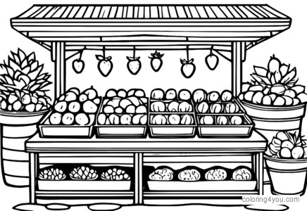 Whimsical illustration of a fruit stand with peaches, strawberries, and blueberries