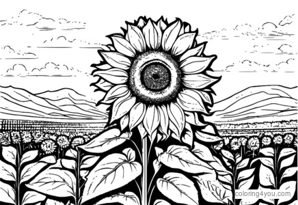 Coloring page of a sunflower in a garden