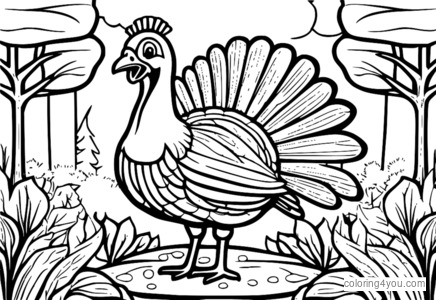 Thanksgiving turkey coloring page na may mga dahon ng taglagas