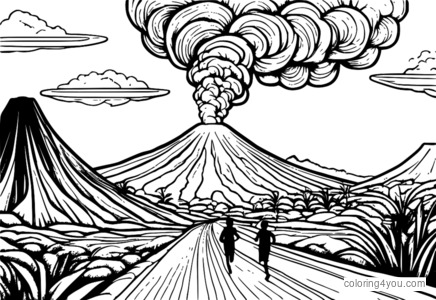 Ilustração de uma erupção vulcânica com pessoas fugindo