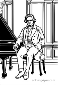 Beethoven sentado frente a un piano de cola tocando música