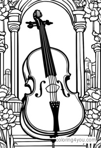 Coloring page of a cello being played on a dark stage