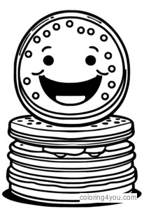 Coloring page of a smiling cookie in a circle shape with frosting and sprinkles