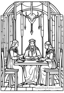 Trois filles d'époques différentes, Viking, de l'ère Viking et moderne, assises autour d'une table avec les Norns, découvrant le destin et la vie.