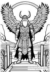 Odin debout aux abords de Midgard avec deux corbeaux perchés sur ses épaules.