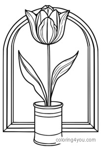 Coloring page of a tulip flower in a small basket set against a bright green background.